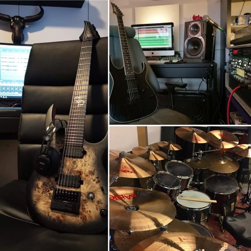 Two home studios with guitars and a drumset at rehearsal room - no individuals shown